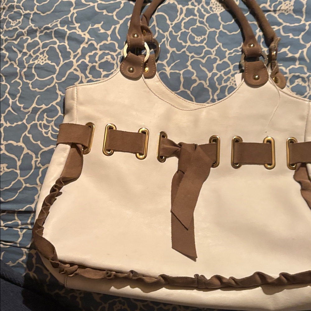 Claudia Firenze Cream Tote with Brown Trim   Soft leather and Gold Hardware